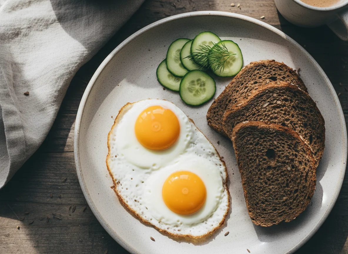 Breakfast with Fried Eggs, Dark Bread, and Cucumber photo