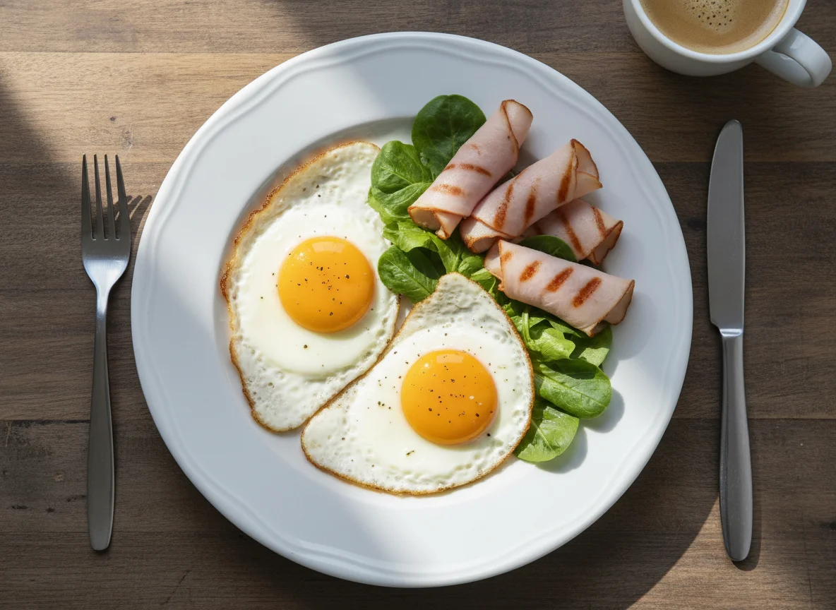 Breakfast with Fried Eggs, Grilled Turkey Ham, and Lettuce photo