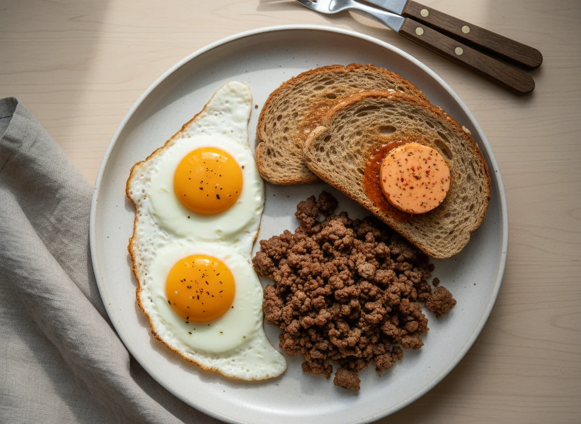 Breakfast with Fried Eggs, Ground Meat, Bread, and Flavored Butter photo