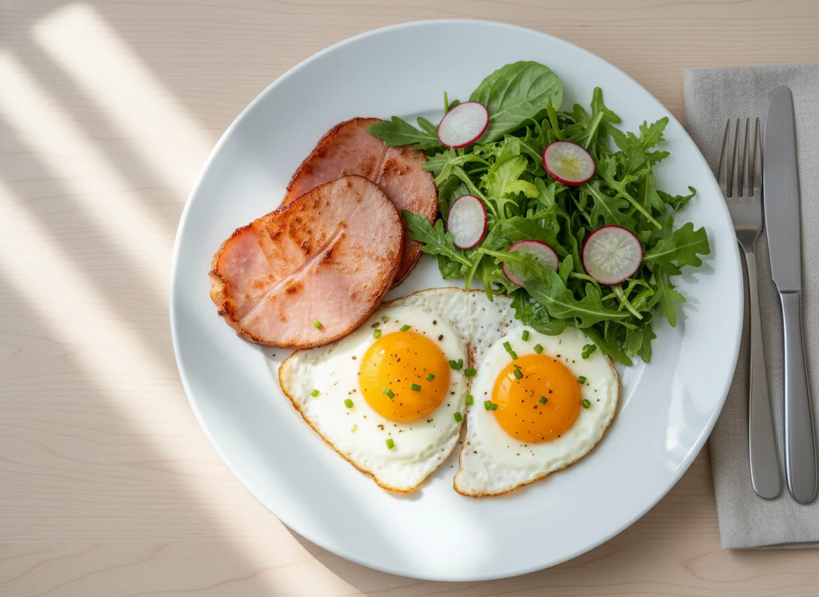 Breakfast with Fried Eggs, Ham, and Lettuce Salad photo
