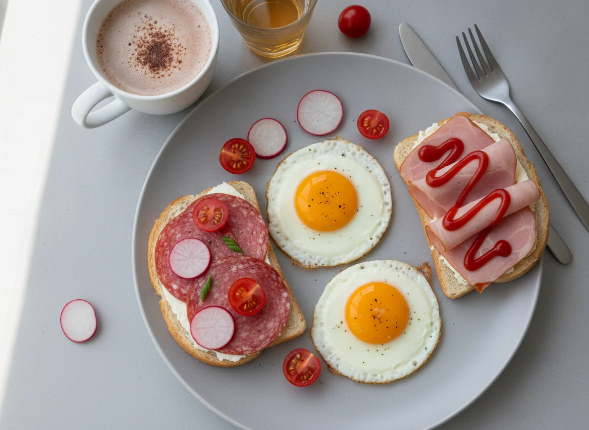 Breakfast with fried eggs, open-faced sandwiches, and cocoa photo
