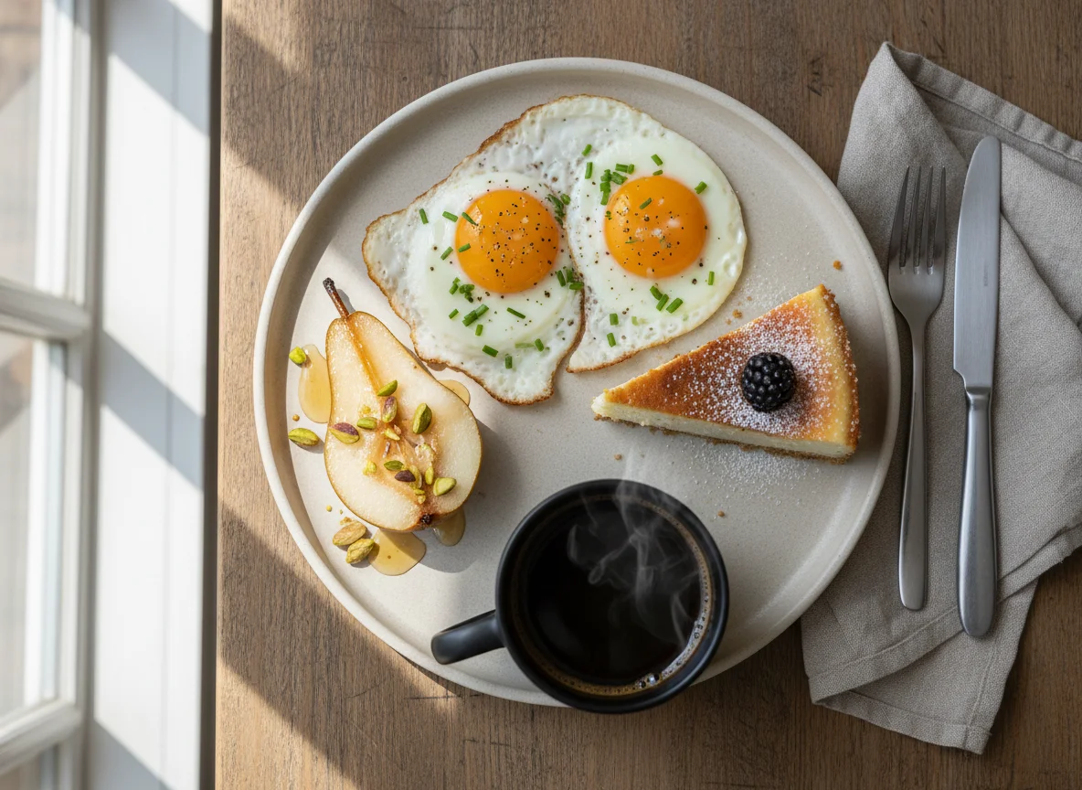 Breakfast with Fried Eggs, Pear, Cheesecake, and Coffee photo