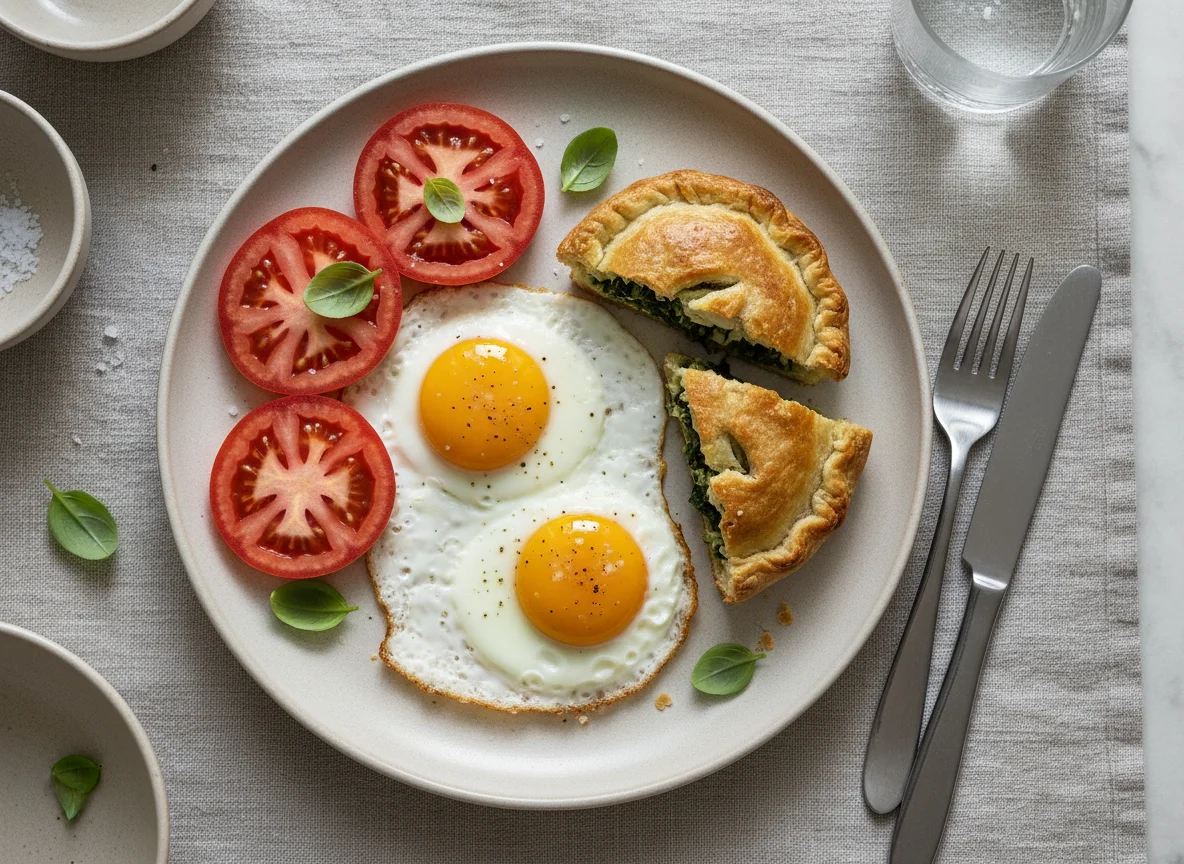 Breakfast with Fried Eggs, Pie, and Tomatoes photo