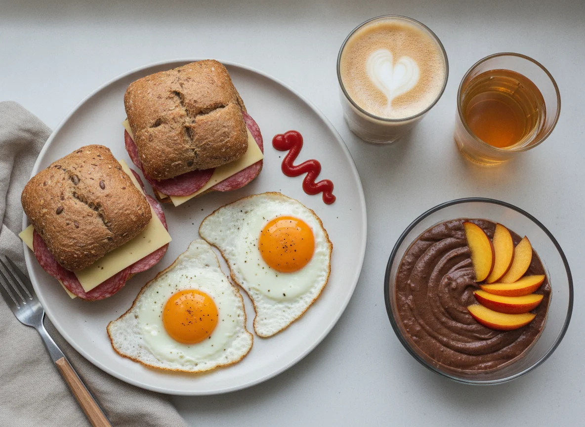 Breakfast with fried eggs, sandwiches, and protein pudding photo