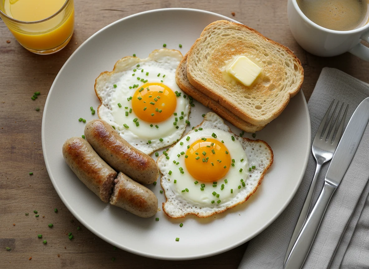Breakfast with Fried Eggs, Sausage, and Toast photo