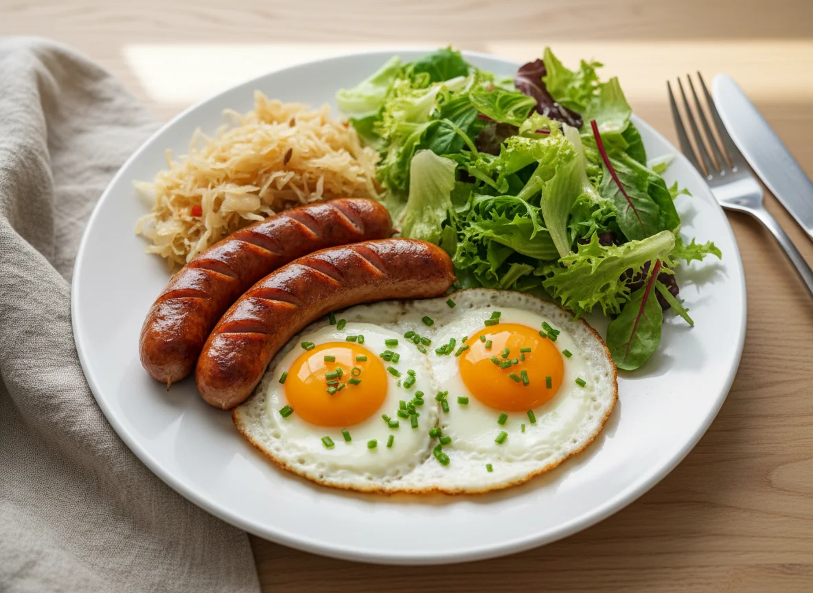 Breakfast with Fried Eggs, Sausage, Sauerkraut, and Lettuce Salad photo