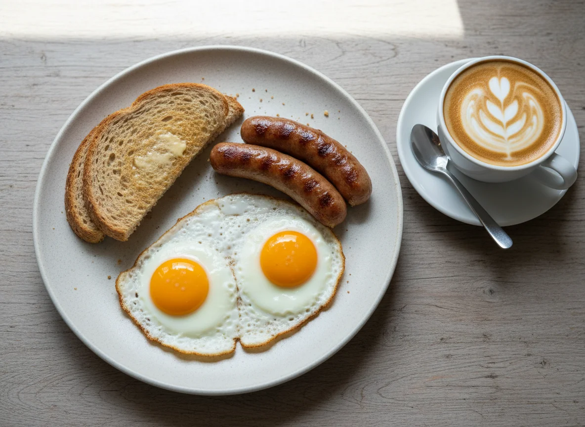 Breakfast with Fried Eggs, Sausages, Toast and Coffee photo