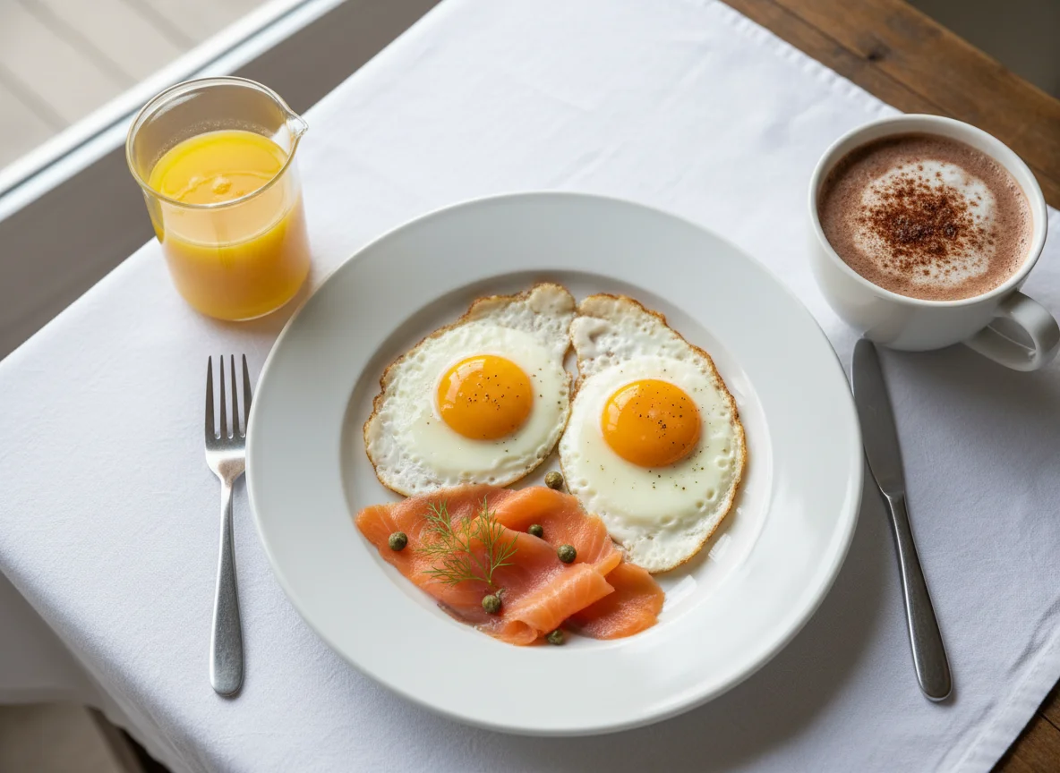 Breakfast with Fried Eggs, Smoked Salmon, Hot Chocolate, and Orange Juice photo