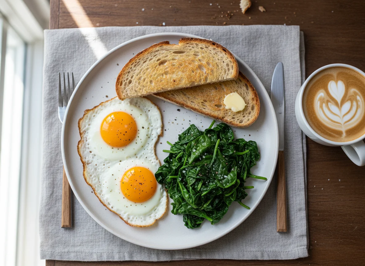 Breakfast with fried eggs, spinach, toast, and latte photo