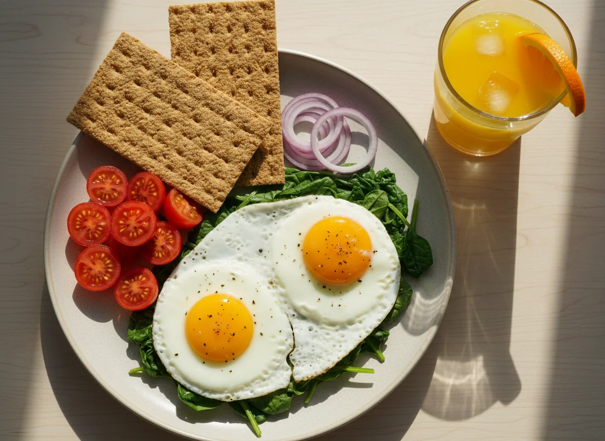 Breakfast with fried eggs, spinach, tomatoes, crispbread, and orange juice photo