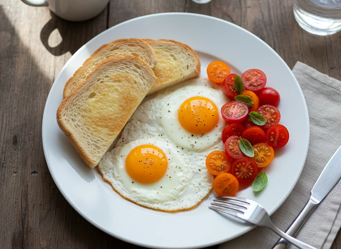 Breakfast with Fried Eggs, Toast, and Cherry Tomatoes photo