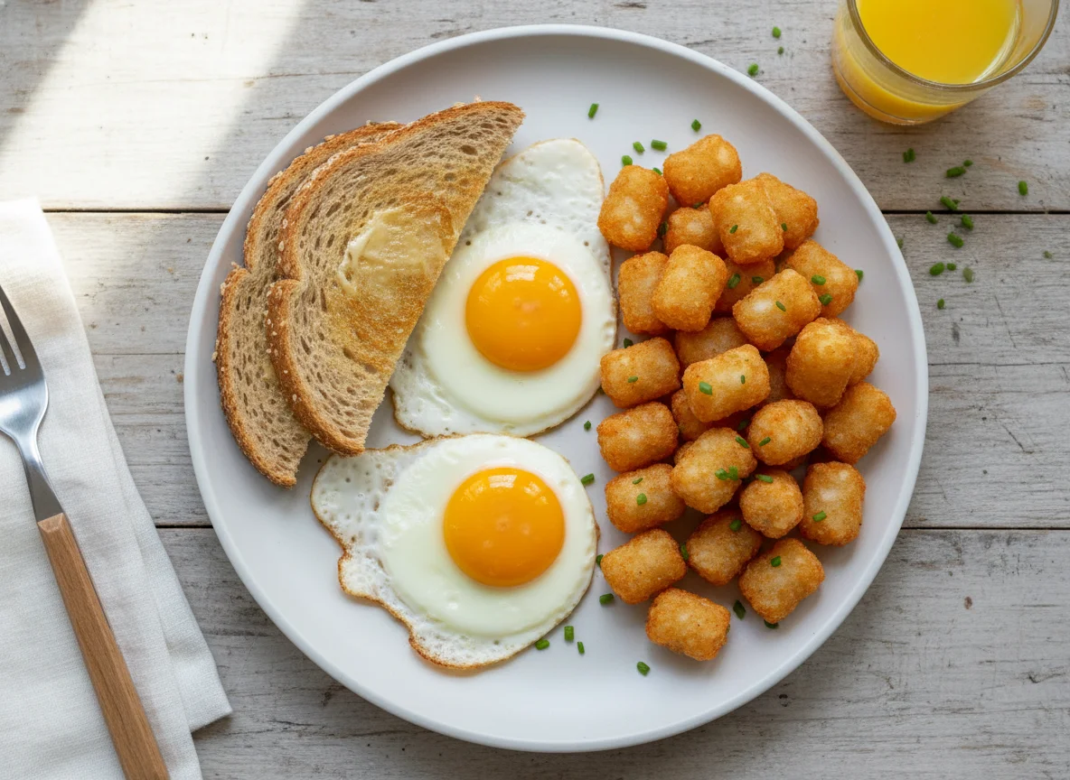 Breakfast with Fried Eggs, Toast, and Tater Tots photo