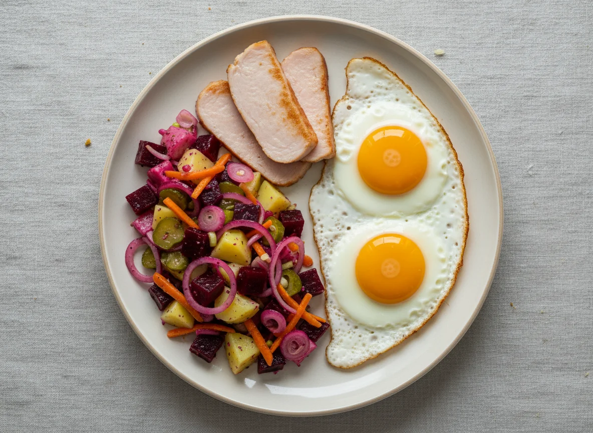Breakfast with Fried Eggs, Turkey Ham, and Vinaigrette Salad photo