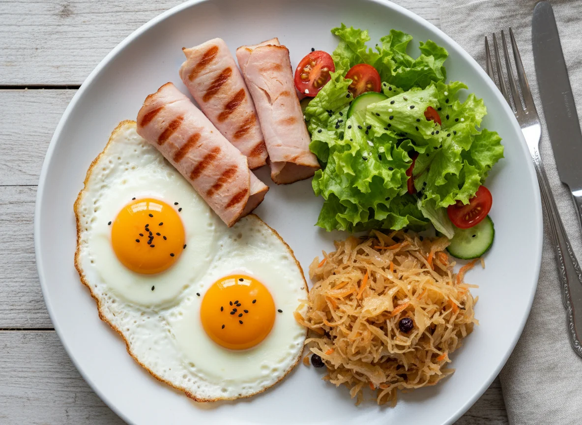 Breakfast with Fried Eggs, Turkey Ham, Sauerkraut, and Salad photo