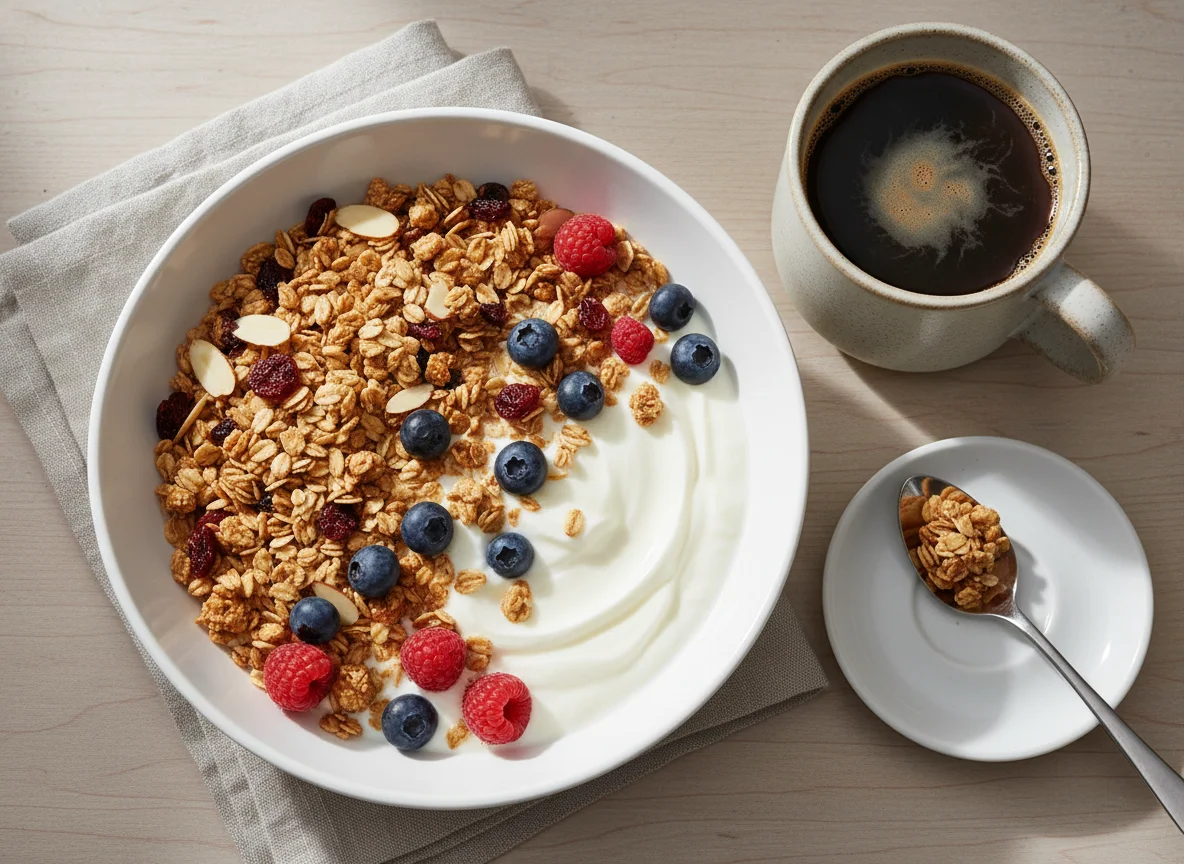 Breakfast with Granola, Protein Yogurt and Coffee photo