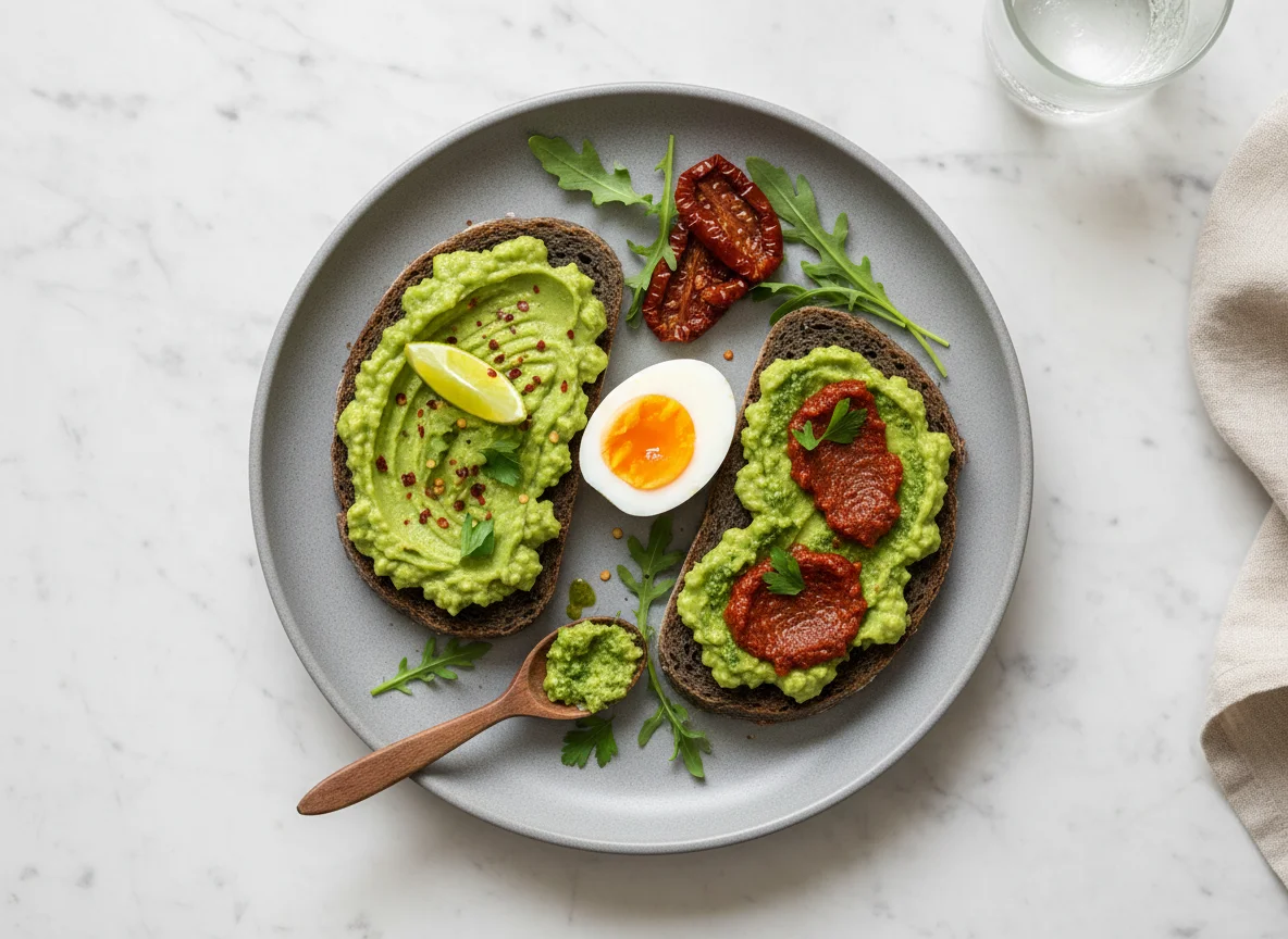 Breakfast with Guacamole, Pesto, Egg, and Toasted Black Bread photo