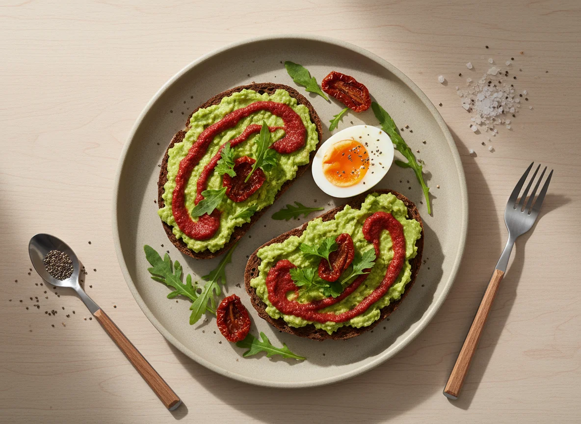 Breakfast with Guacamole, Pesto, Egg and Toasted Bread photo