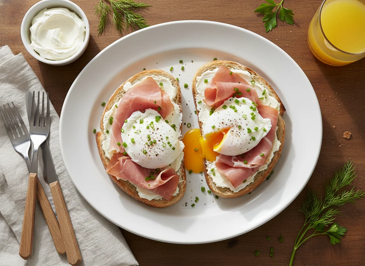 Breakfast with Ham, Eggs, and Cream Cheese Toast photo