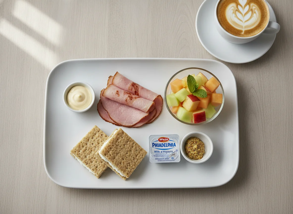 Breakfast with ham, fruit salad, and crispbread photo