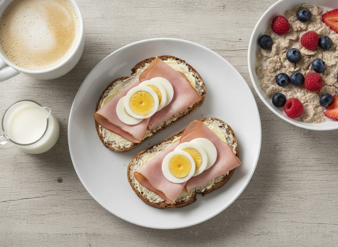 Breakfast with ham sandwiches, cereal and coffee photo
