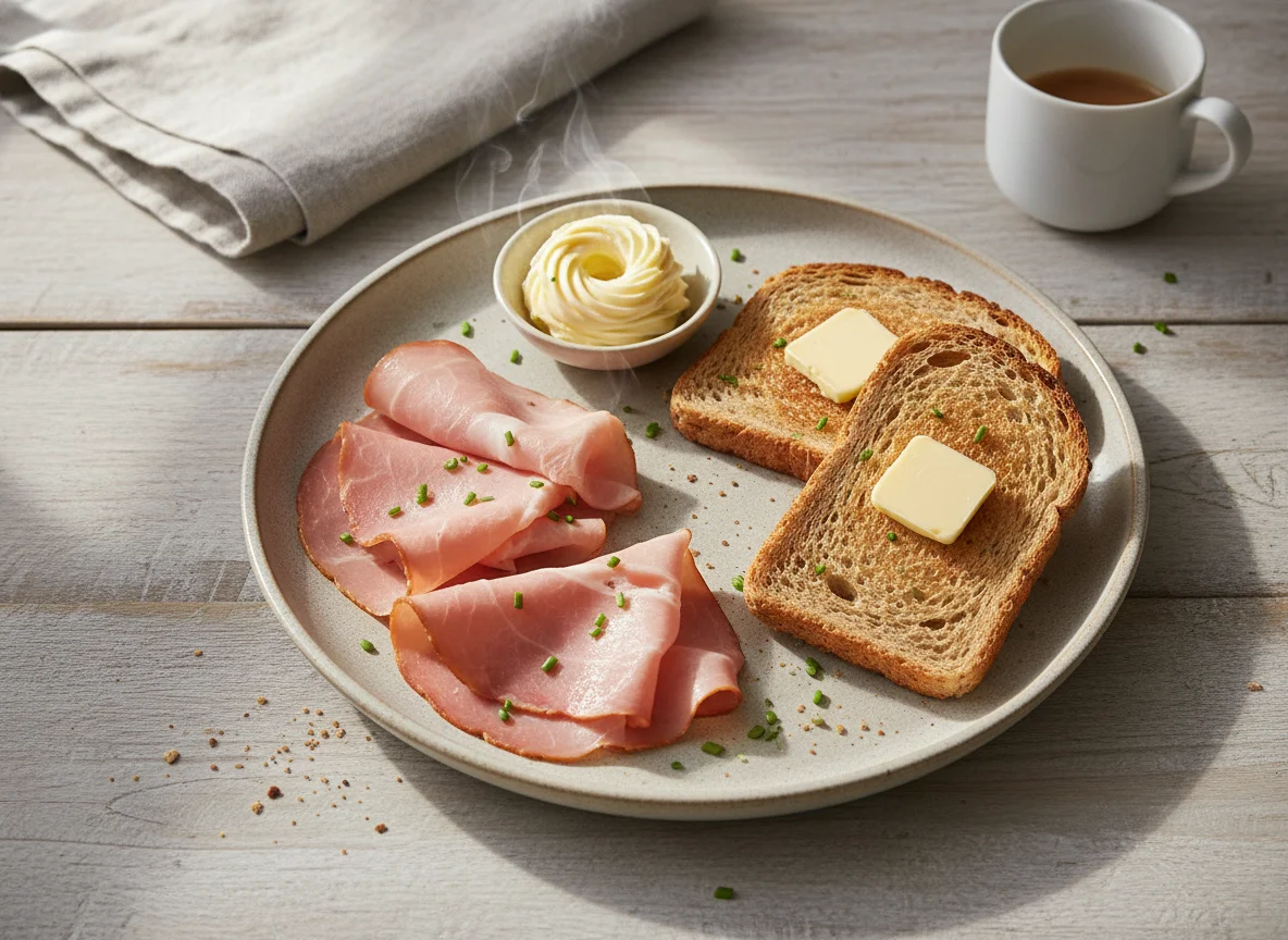 Breakfast with Ham, Toast, and Butter photo