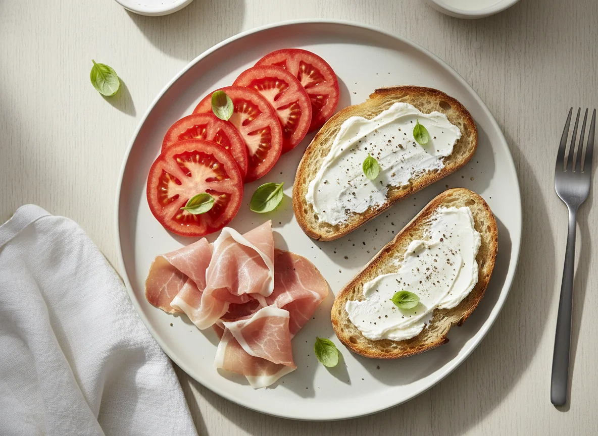 Breakfast with ham, toast, and tomatoes photo