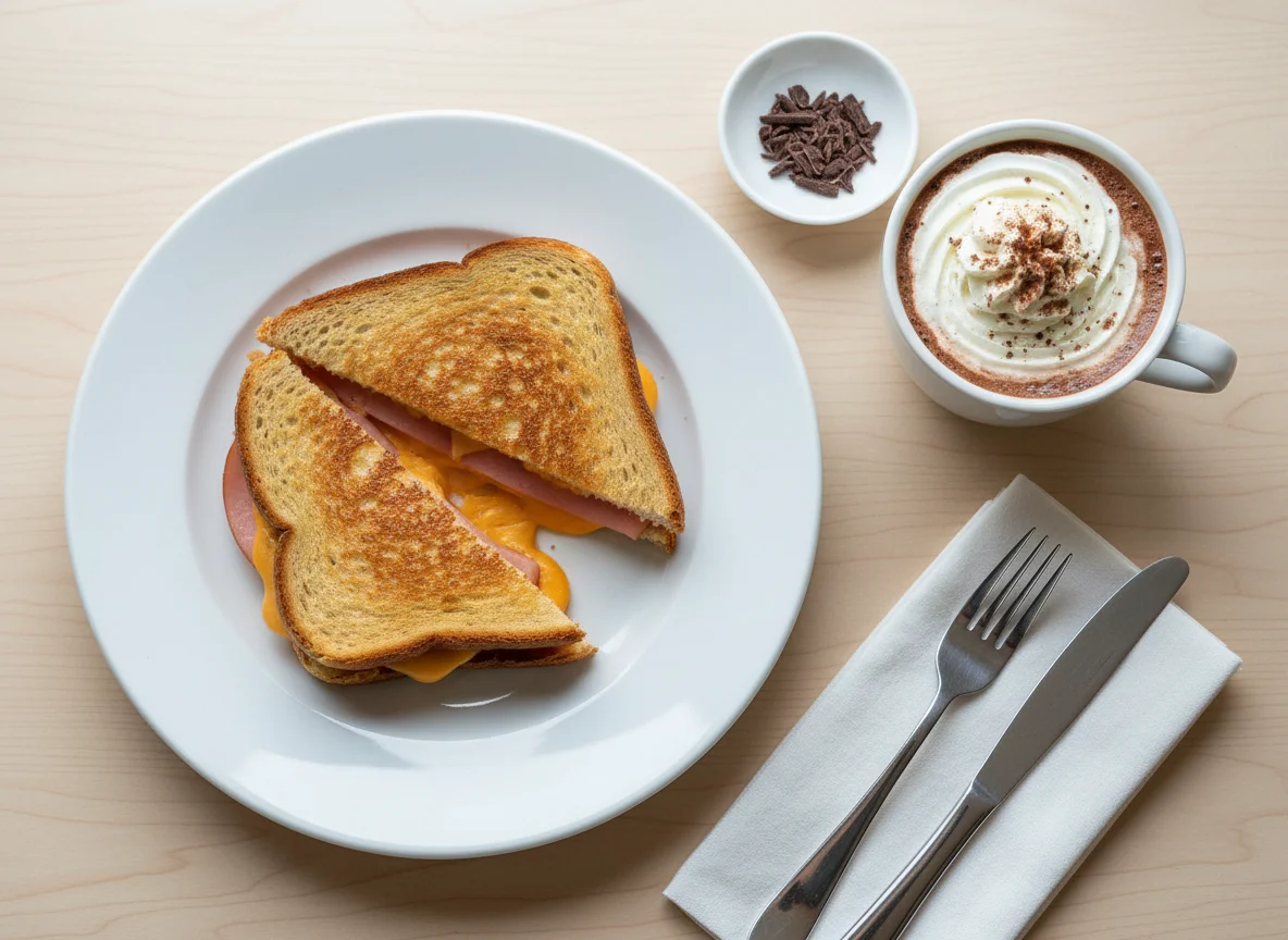 Breakfast with Hot Chocolate and Ham and Cheese Toast photo