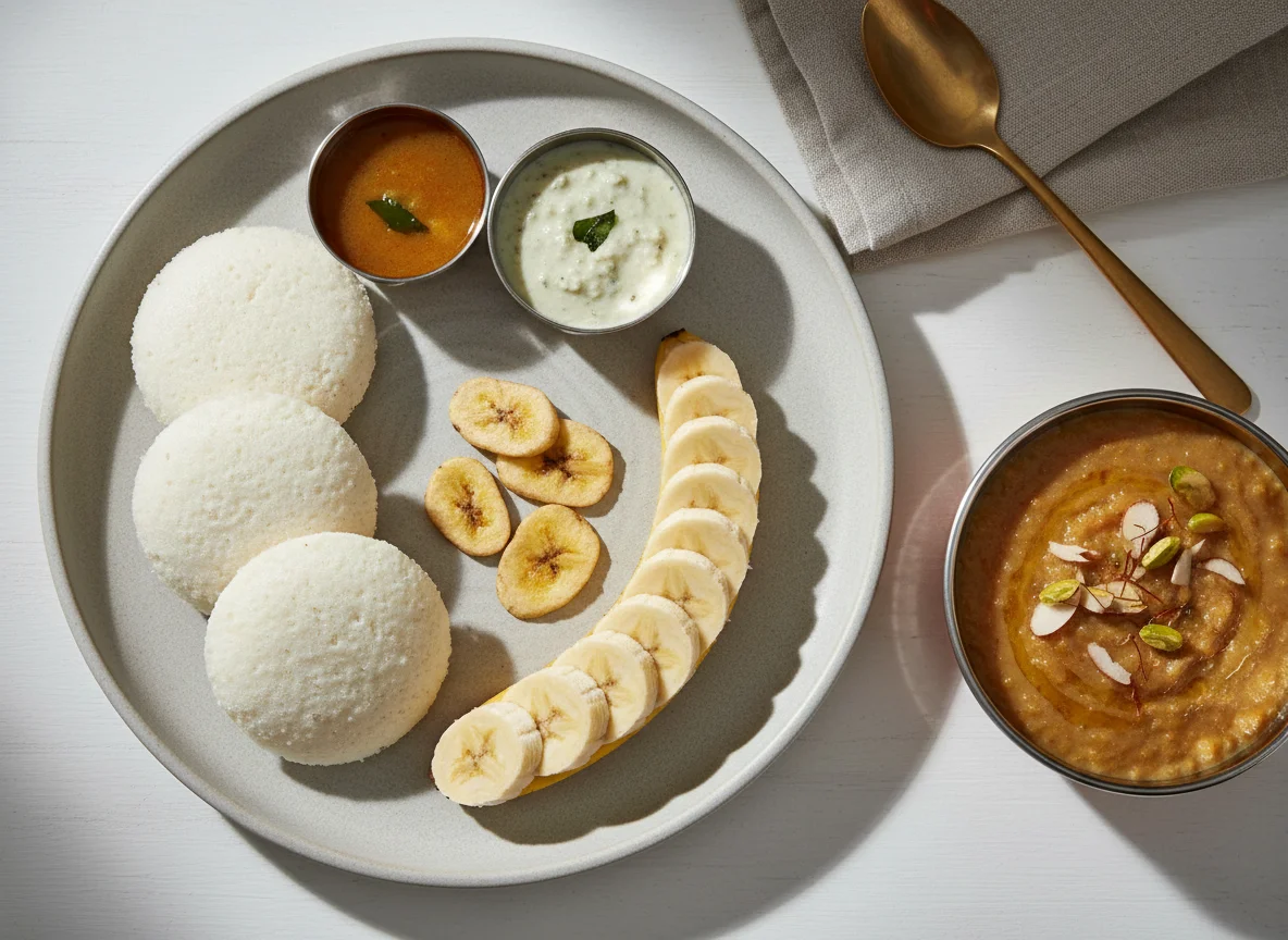Breakfast with Idli, Banana, and Sweet Porridge photo