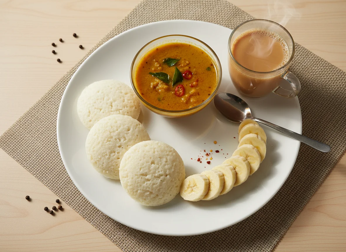 Breakfast with Idli, Sambar, Banana and Tea photo