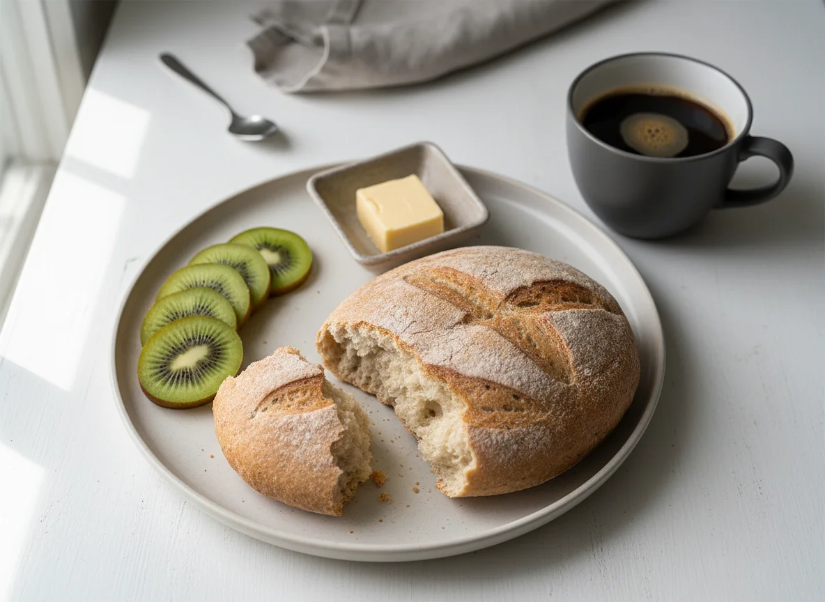 Breakfast with Kiwi, Bread, Butter, and Coffee photo