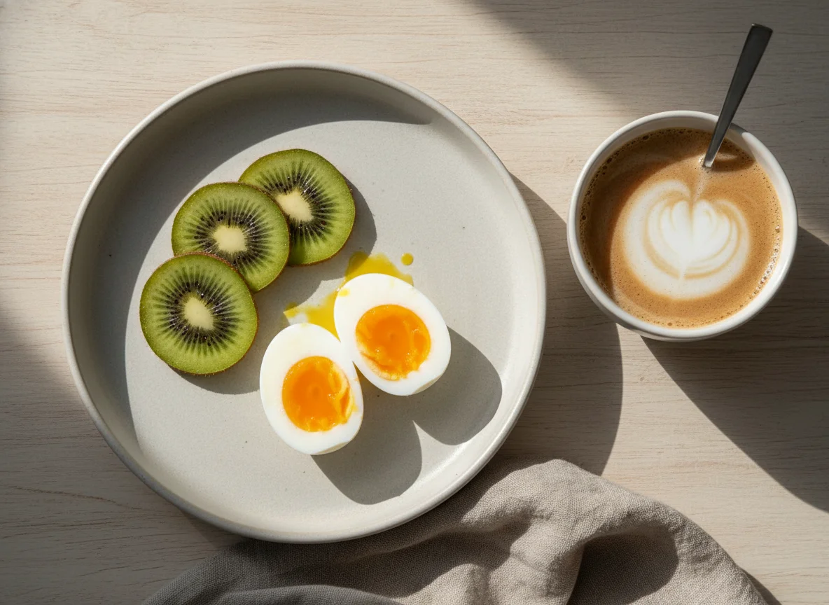 Breakfast with Kiwi, Eggs and Coffee photo