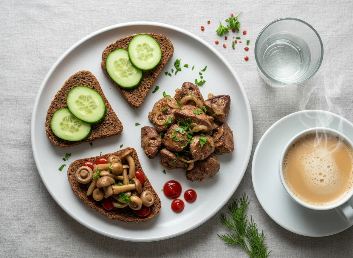 Breakfast with liver, sandwiches, and coffee photo