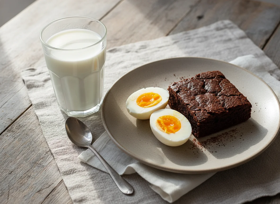 Breakfast with milk, egg, and brownie photo