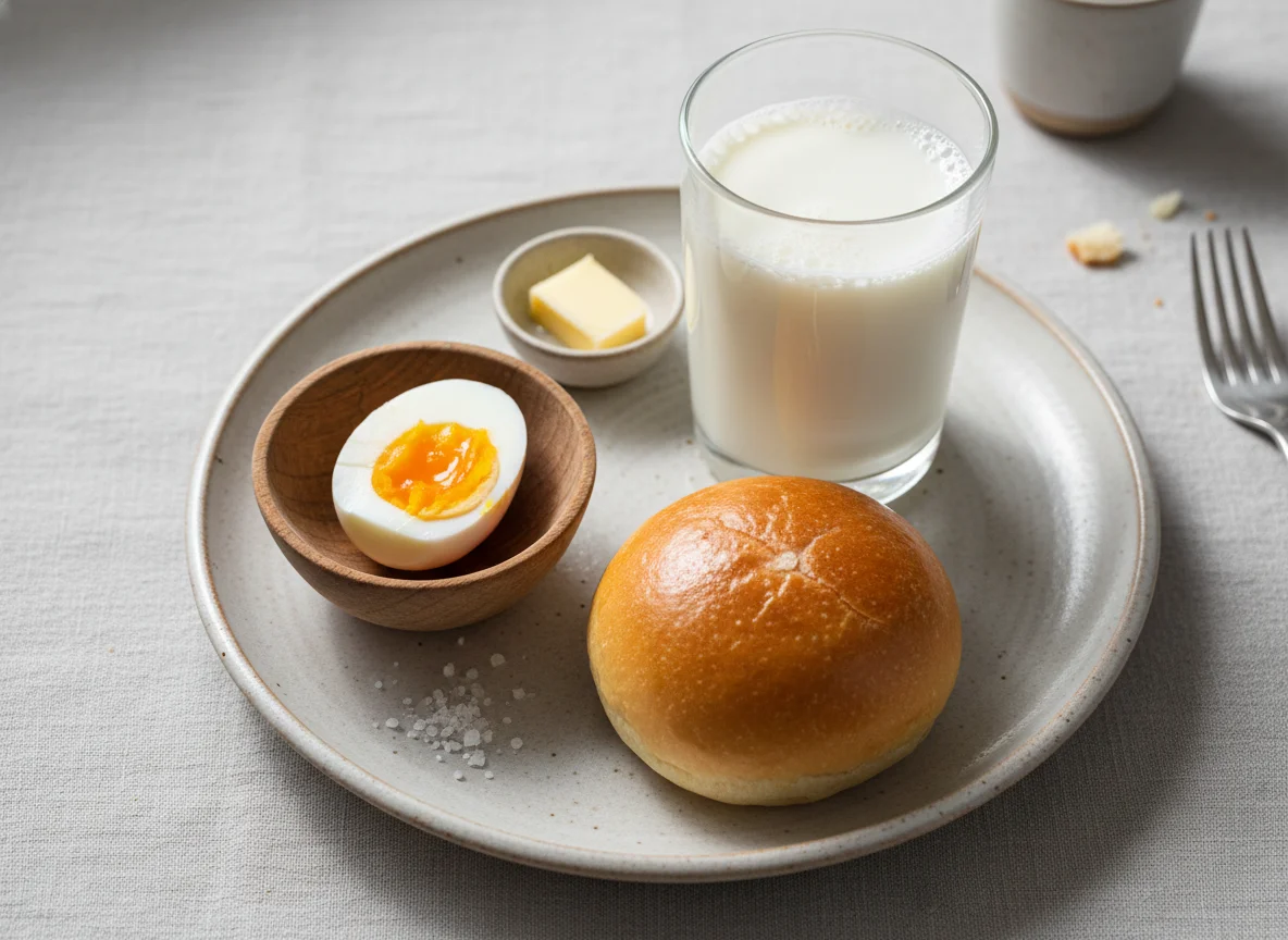 Breakfast with Milk, Eggs, and Bun photo