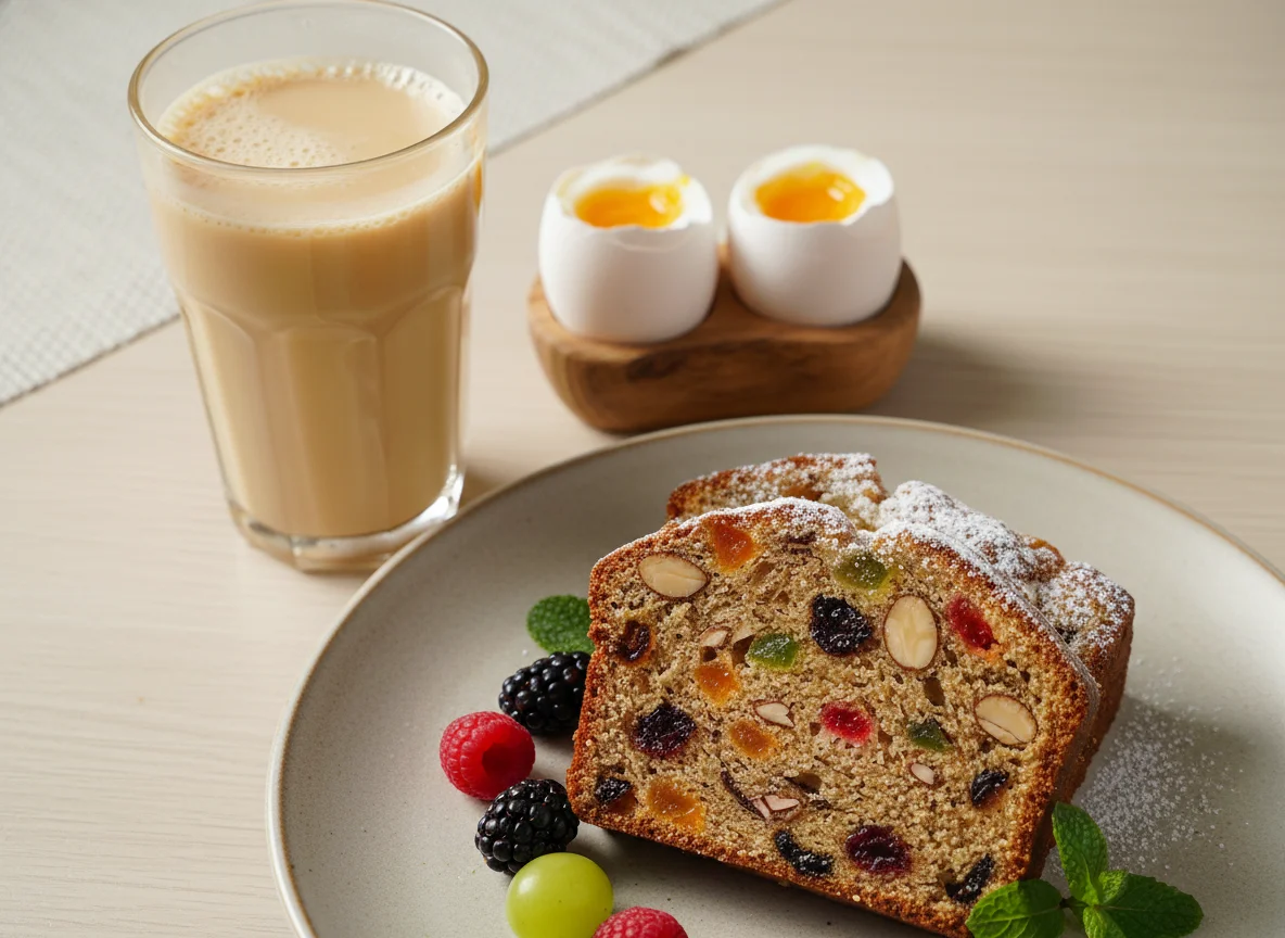 Breakfast with Milk Tea, Boiled Eggs, and Fruit Cake photo