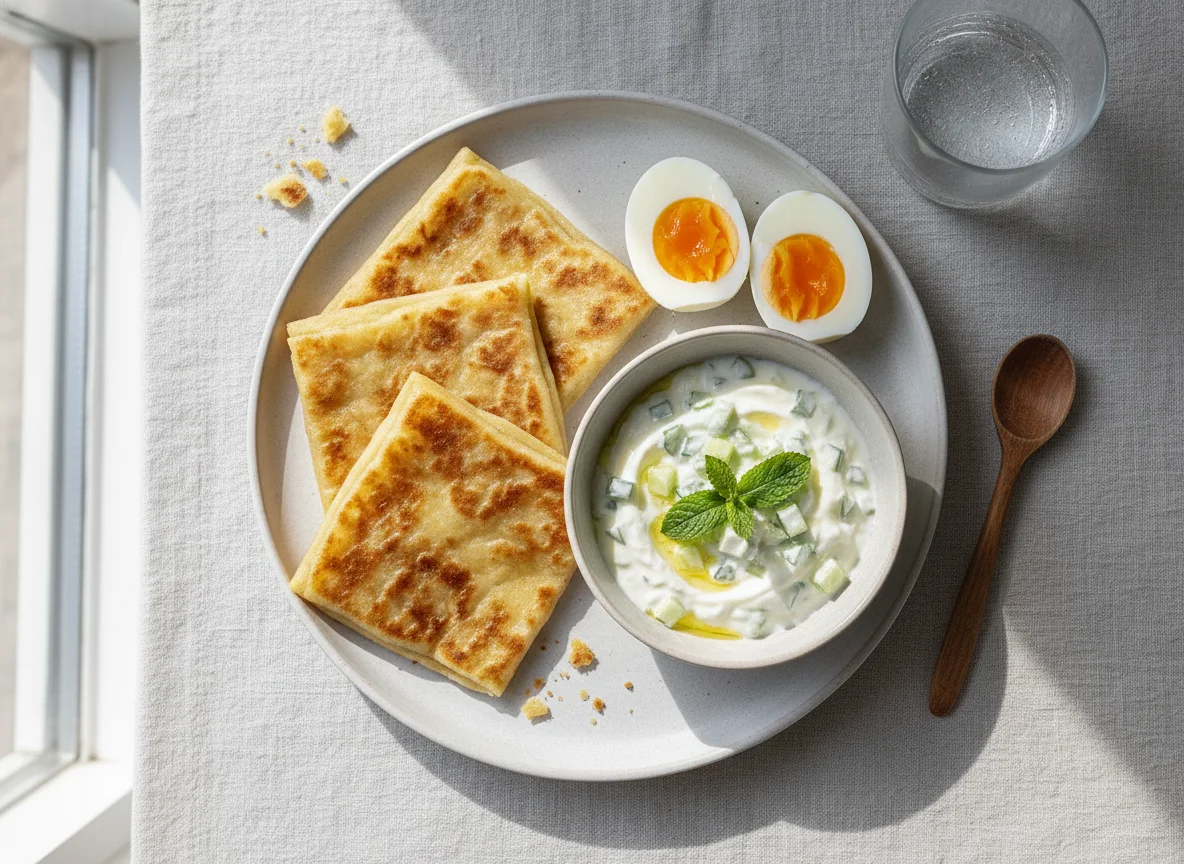 Breakfast with Msemen, Hard-boiled Eggs, and Yogurt Salad photo