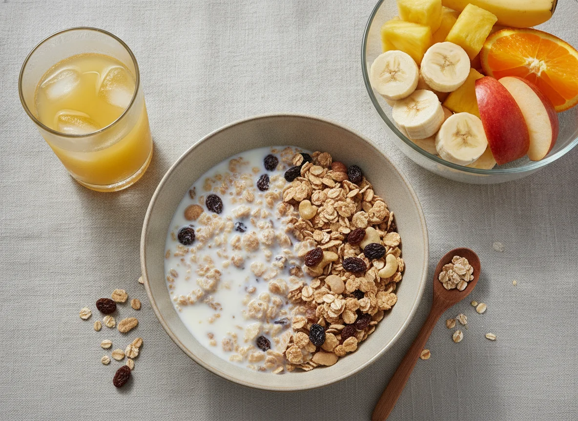 Breakfast with Muesli, Fruit Bowl, and Juice photo