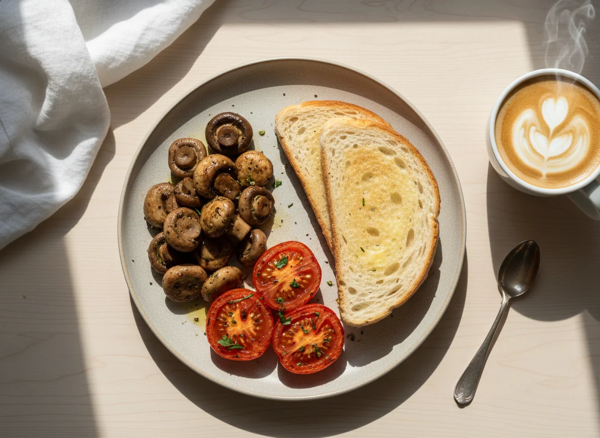 Breakfast with Mushrooms, Tomatoes, and Toast photo