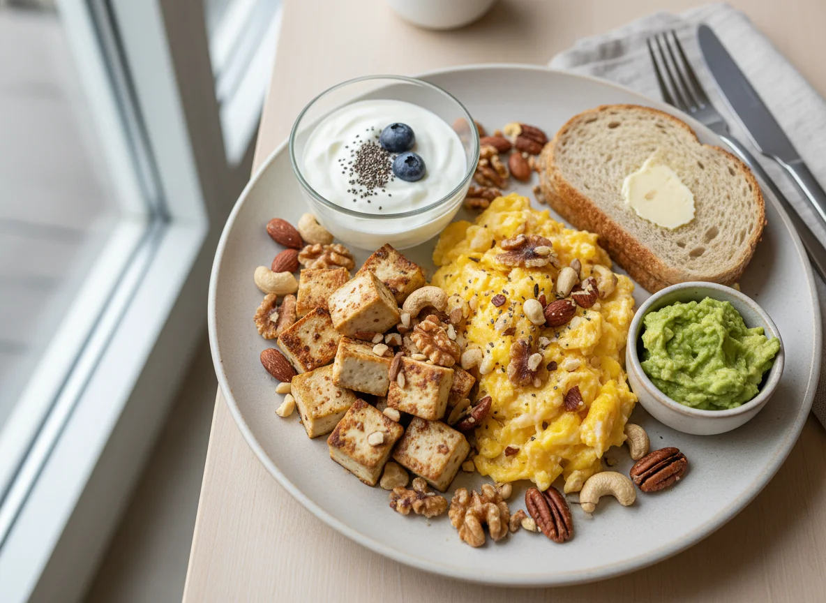 Breakfast with Nuts, Eggs, and Tofu photo