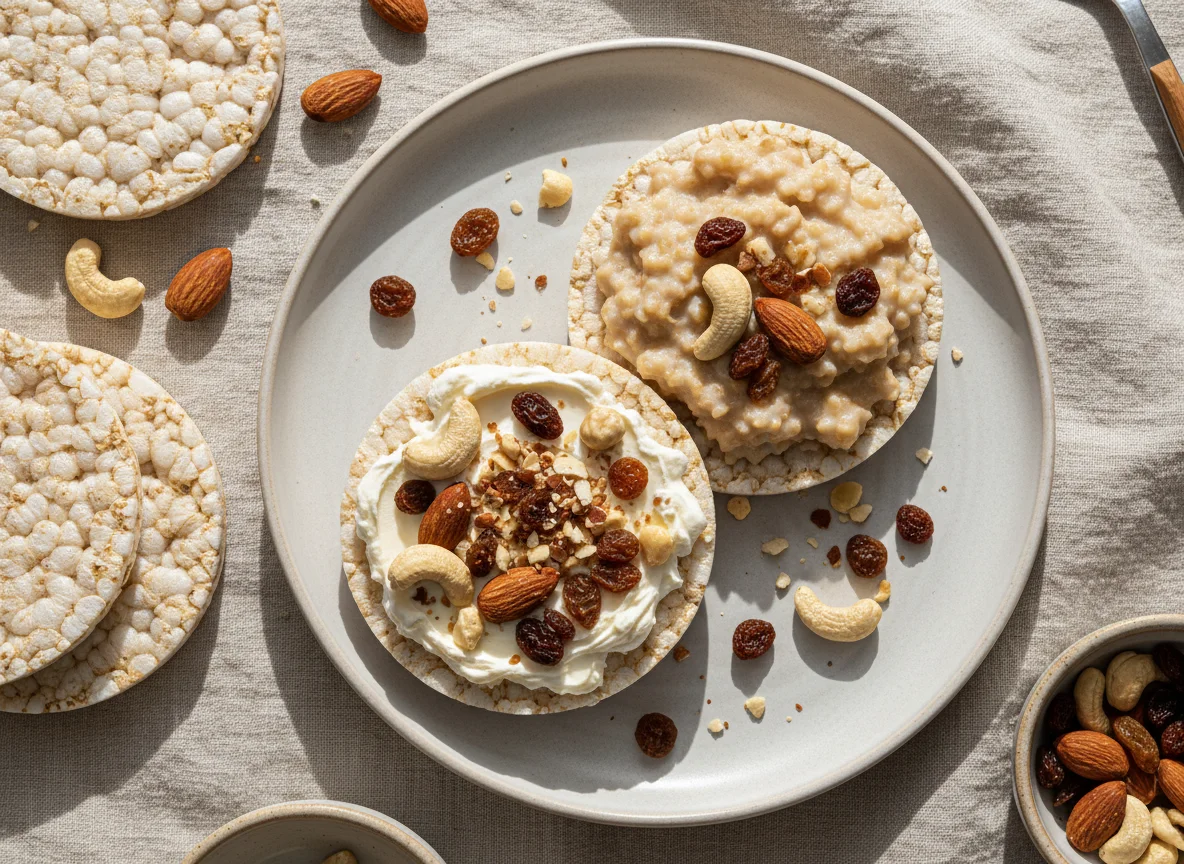 Breakfast with oatmeal and cream cheese rice cakes photo