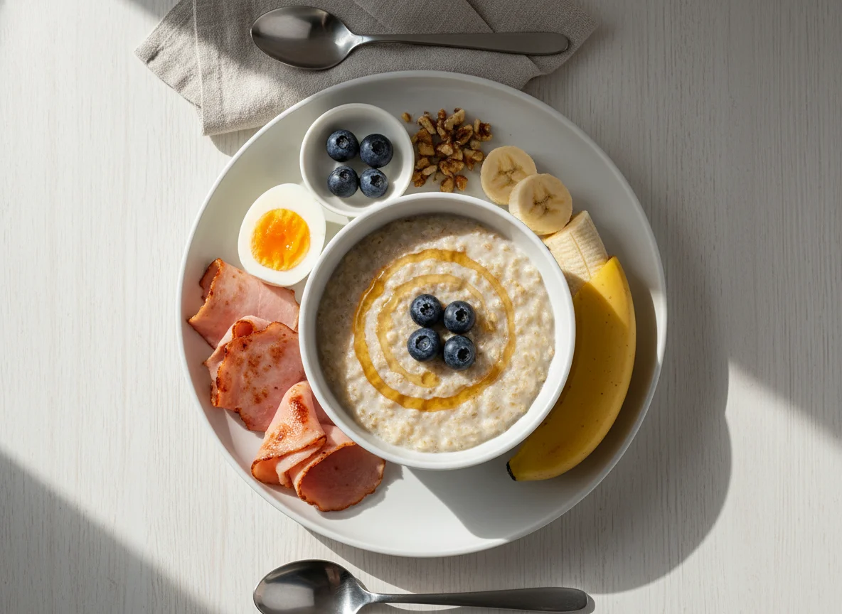 Breakfast with Oatmeal, Bananas, Eggs, and Ham photo