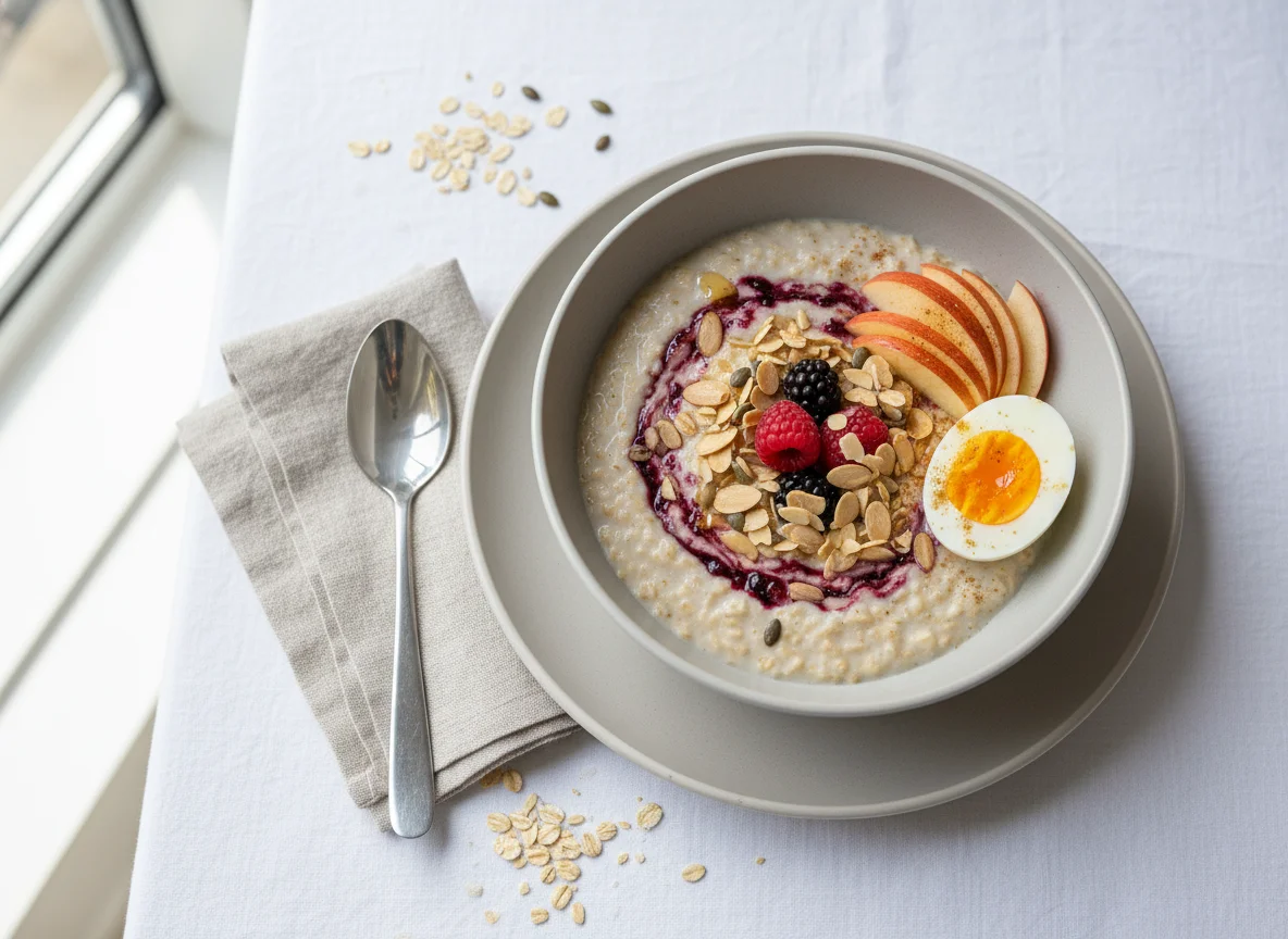Breakfast with Oatmeal, Egg, and Apple photo