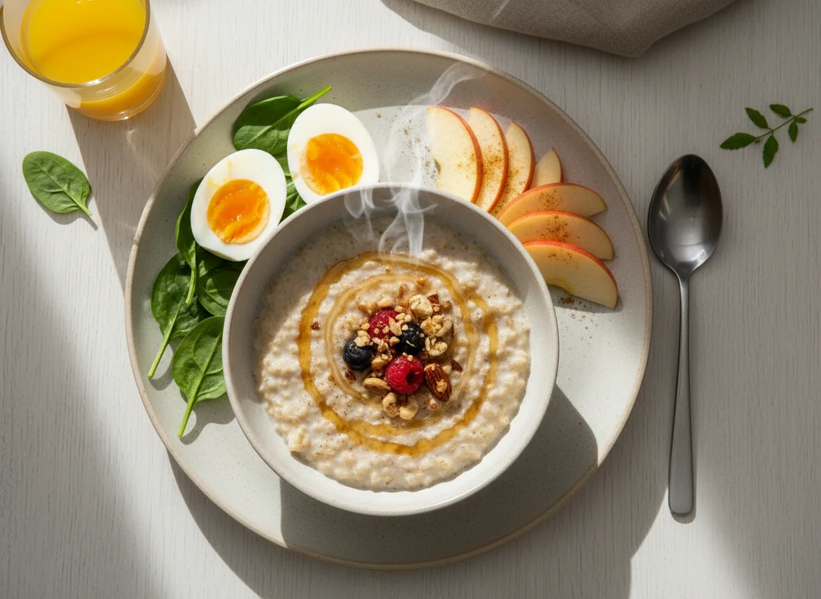 Breakfast with Oatmeal, Eggs, and Apple photo