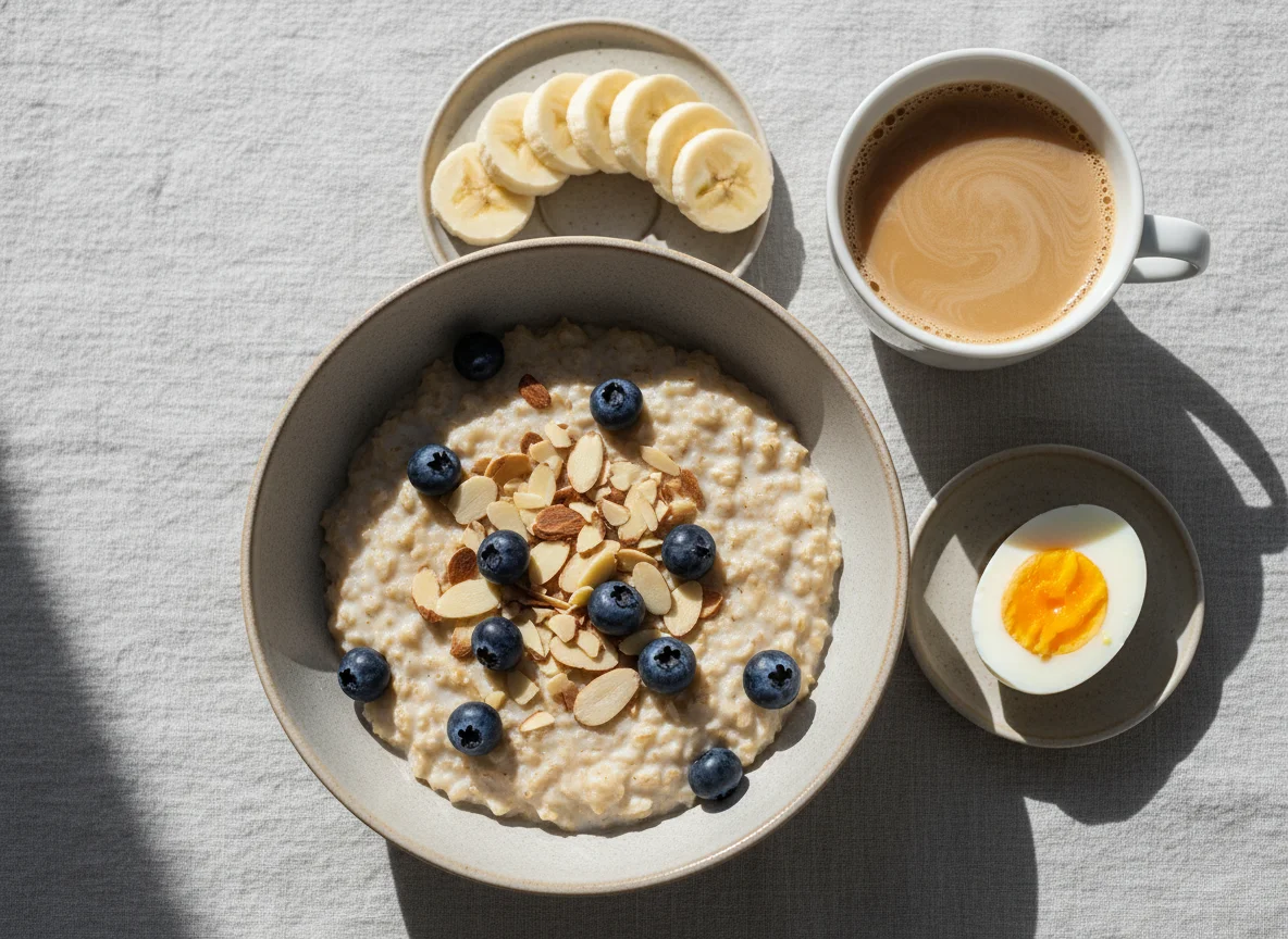 Breakfast with Oatmeal, Eggs, and Fruit photo