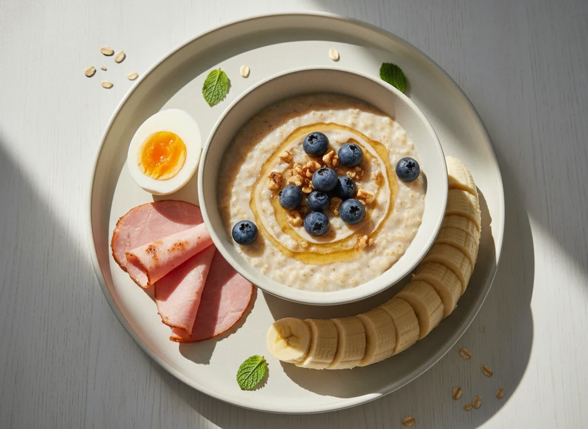 Breakfast with Oatmeal, Eggs, Banana, and Ham photo