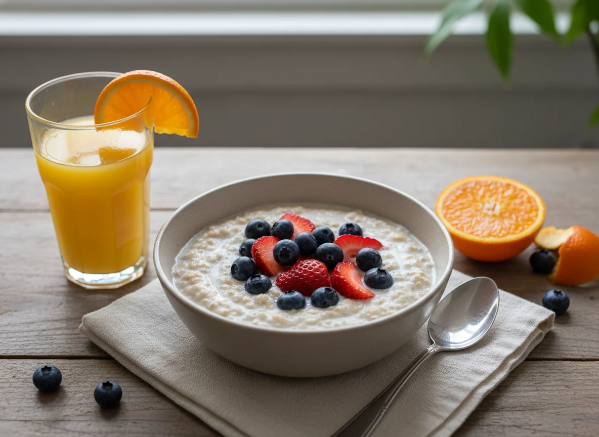 Breakfast with Oatmeal, Fruit, and Juice photo