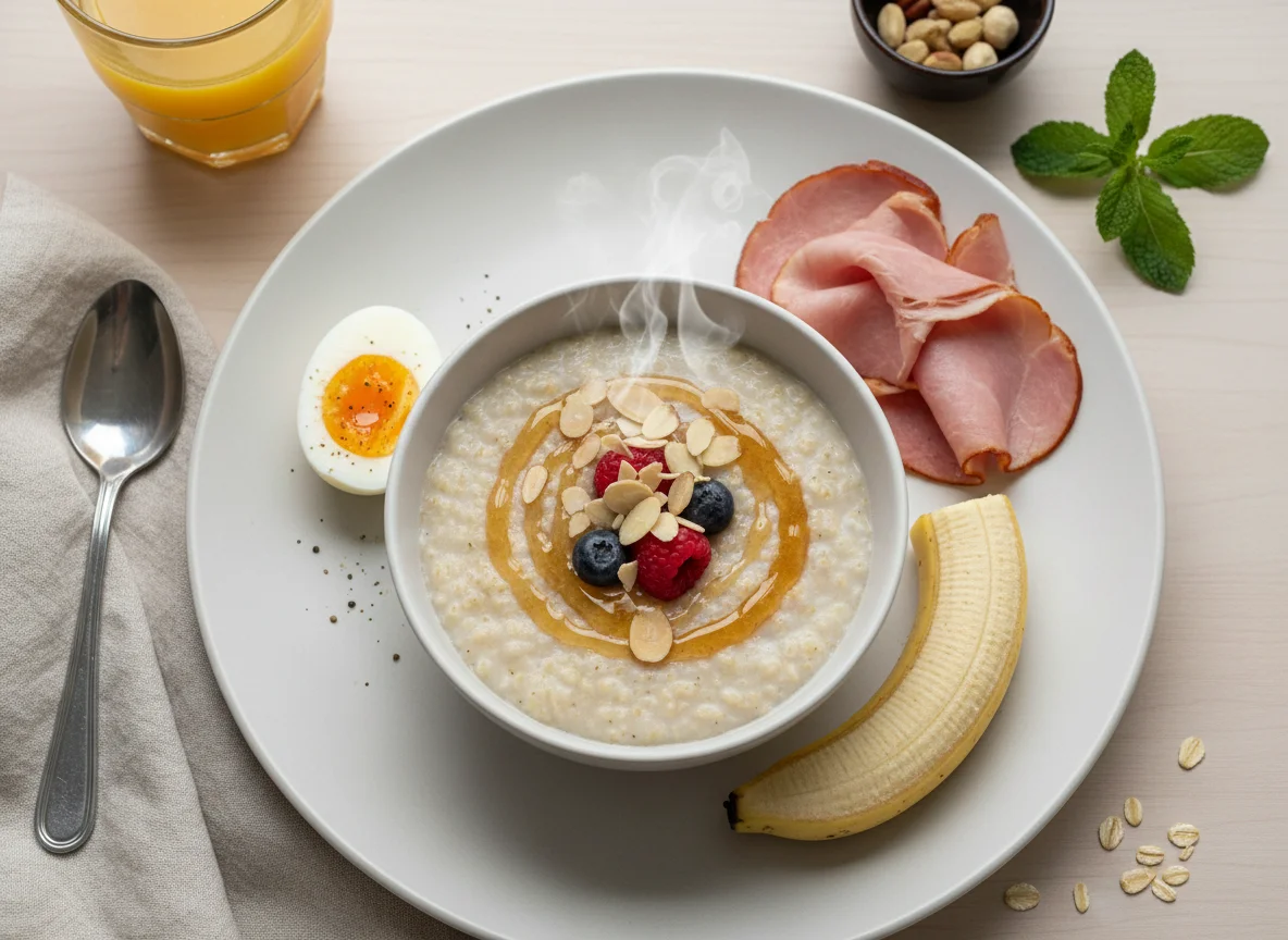 Breakfast with oatmeal, ham, eggs, and banana photo