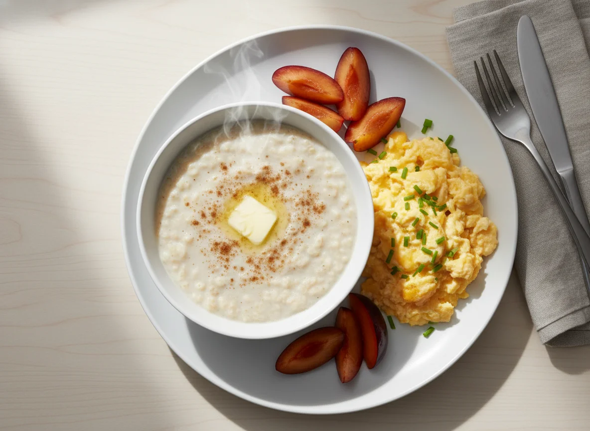 Breakfast with Oatmeal, Scrambled Eggs, and Plums photo
