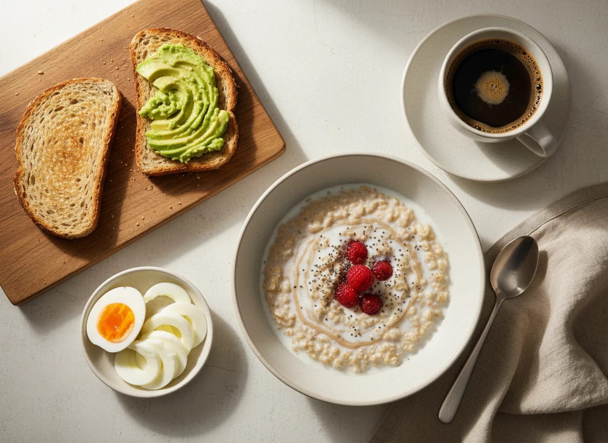Breakfast with Oatmeal, Toast, and Boiled Eggs photo