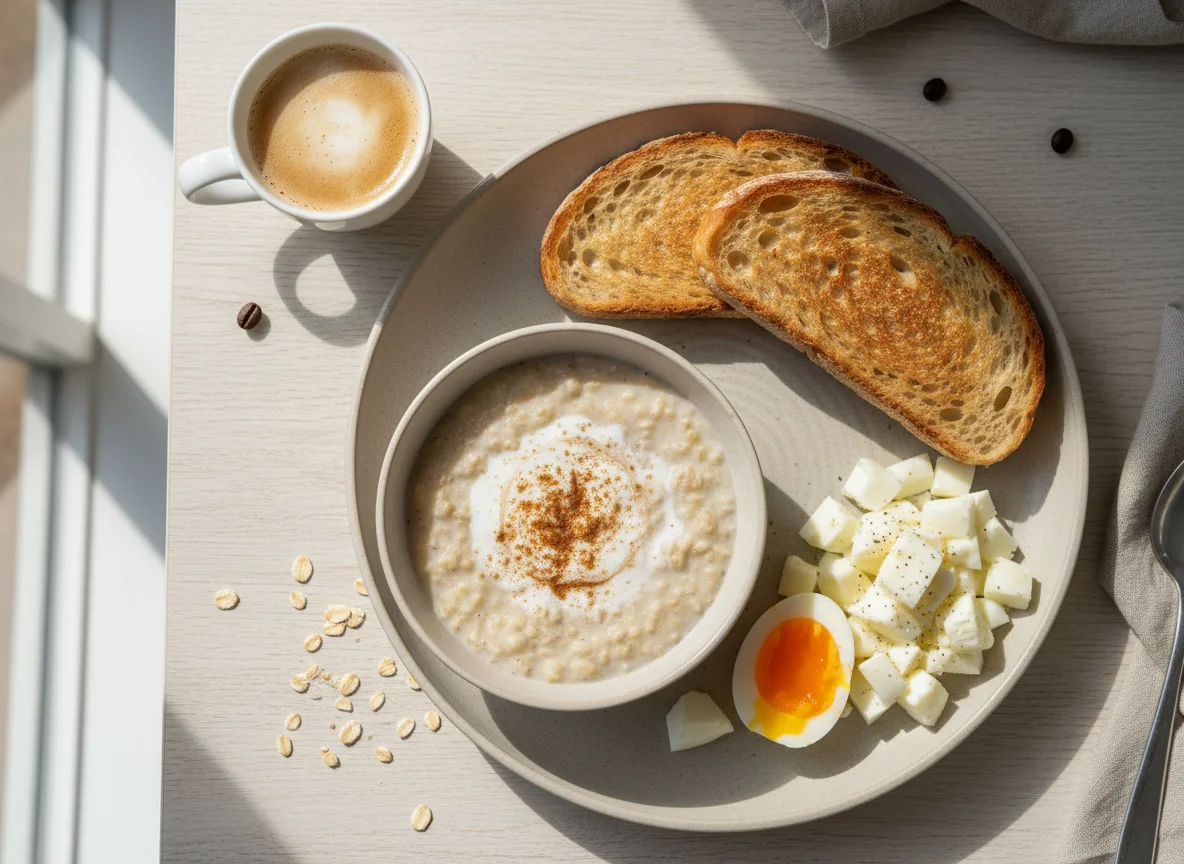 Breakfast with Oatmeal, Toast, and Eggs photo